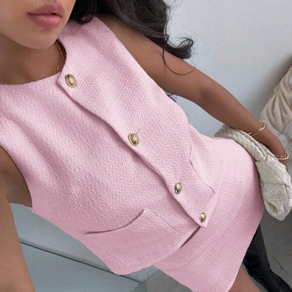 Pink Elegant Women's Tweed Mini Skirt & Vest Set - Picture 3 of 7